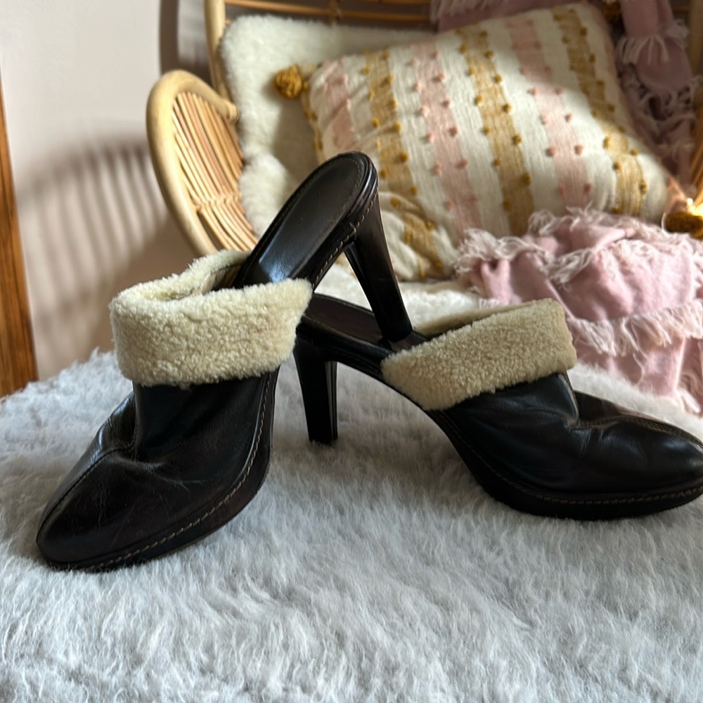Coach Kacie vintage high heel clog mules shearling trim Made in Italy dark brown